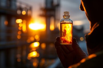 Technician examining amber liquid sample within glass bottle at industrial refinery during sunset to assess fuel quality