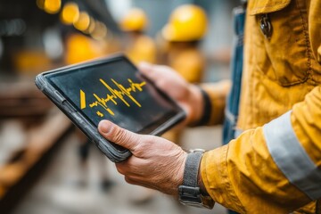 Worker Viewing Energy Level Graph on Tablet During Inspection in Yellow Safety Coat and Hard Hat in Blurred Background