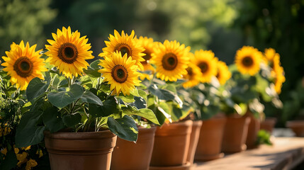 Obraz premium Vibrant Sunflowers in terracotta pots: A Summer Garden Delight