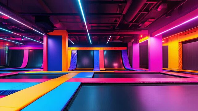a vibrant and colorful trampoline park featuring an exciting sports game area with interconnected trampolines, obstacle courses, and energetic activities for fun,fitness,adventure,