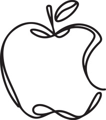 A vector illustration of a minimalist black line sketch of an apple fruit in a continuous line art style, placed on a clean white background for simplicity