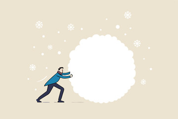 Snowball effect from small build up larger with potential risk, financial growth or mistake concept, businessman investor rolling large snowball build up from small getting bigger.