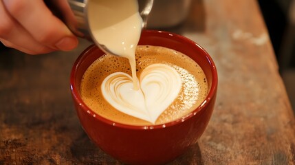 Close-up of a barista’s hand pouring steamed milk creating heart latte art.
