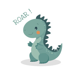 Cute green dinosaur vector illustration isolated on white background. Smiling prehistoric creature with small arms and big tail. Perfect for children’s designs, decorations, and educational materials.