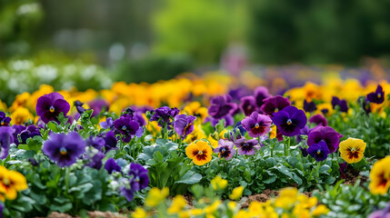 Obraz premium Field of Pansies: Vibrant Purple and Yellow Flowers