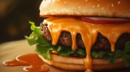 Close-up of a classic beef cheeseburger with melted cheese and fresh toppings.

