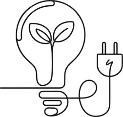 An illustration of a green energy icon in a continuous line art style, featuring a light bulb with a plant and power plug symbol connected, drawn in black
