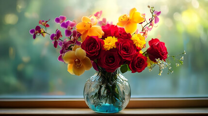 Stunning Bouquet: Red Roses and Orchids in a Glass Vase