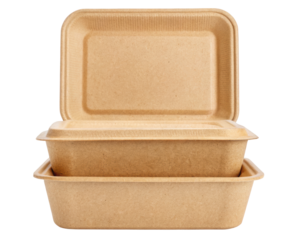 Two eco-friendly food containers made from biodegradable materials on a transparent background