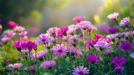 Vibrant Purple and Pink Flowers in a Lush Garden