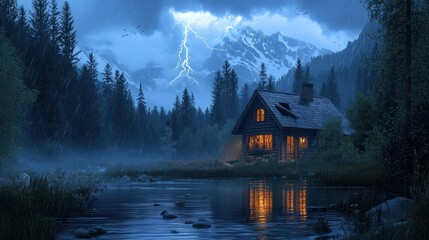 Fototapeta premium Tranquil mountain cabin by a serene lake at night.