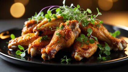 Fototapeta premium Delicious golden brown chicken wings presented on a dark plate and garnished with fresh microgreens