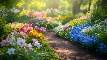 Obraz premium Vibrant Flower Garden Path: Colorful Lilies and Daisies in Full Bloom