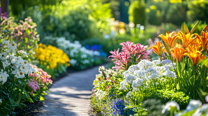 Obraz premium Vibrant Flower Garden Path: A Walk Through Blooming Beauty