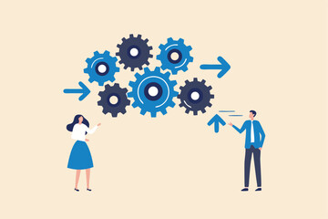 Workflow management, working process optimization for best outcome, team management or development plan and procedure concept, businessman manager optimizing cogwheels workflow system for best result.