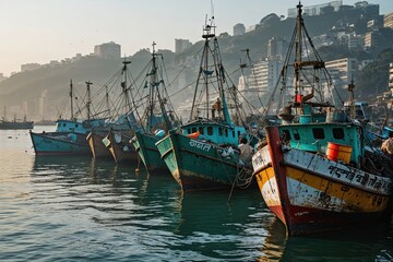 Obraz premium A Thriving Gathering of Tied-Up Fishing Ships in Mumbai's Historic Harbor