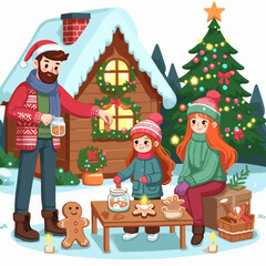 Heartwarming scene of a family celebrating the holidays together, decorating cookies and a cabin.