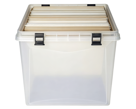 A clear storage box featuring secure clips for organization on a transparent background