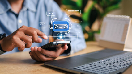 AI Chatbot intelligent digital customer service application concept, Artificial intelligence technology automatically responds to online messages to help customers instantly.