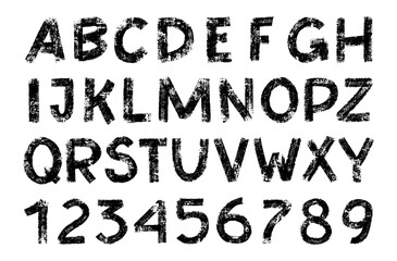 Distressed alphabet, grunge capital letters. Vintage stencil graffiti font. Bold brush drawn vector typography. Bold font ink dirty texture capital letters. Black retro typeface, vector style alphabet