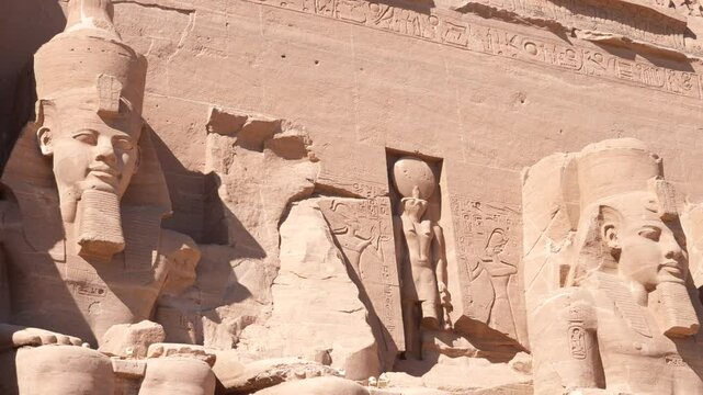 Close up of exterior of Ancient Egyptian Abu Simbel temple in Egypt