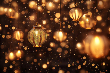 Obraz premium Beautifully illuminated hanging lanterns surrounded by a soft bokeh background at night