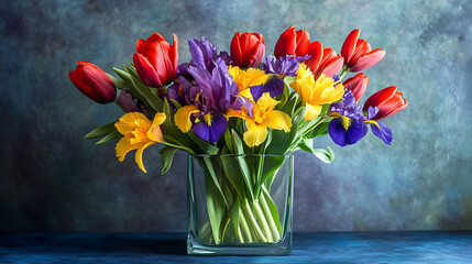 Vibrant Spring Bouquet: Tulips and Irises in a Glass Vase