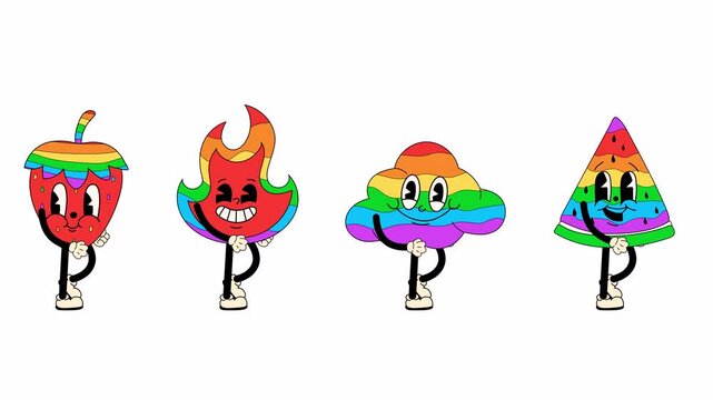 Set of Groovy Retro Cartoon Stickers. Rainbow Fire, Cloud, Watermelon, and Strawberry Walking Loop Animation