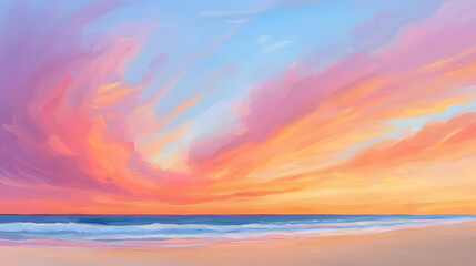 Colorful Sunset Oil Painting Over the Tranquil Beach Horizon