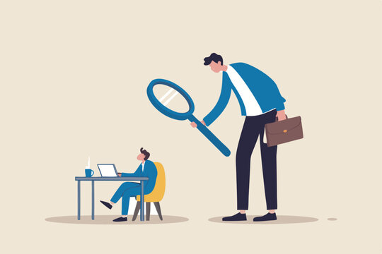 Micromanaging boss, toxic manager monitoring every details, excessive supervision and control of employee work and processes, micromanager boss using magnifying glass keep looking at employee working.