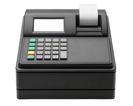 A compact cash register with a user-friendly interface on a transparent background