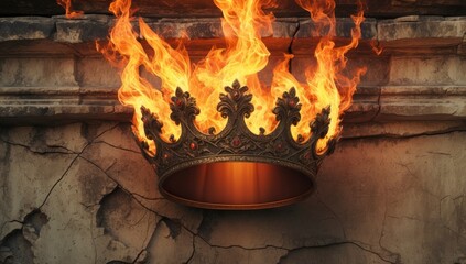 Obraz premium Ornate golden crown engulfed in vibrant flames rests against a textured stone wall with cracks,