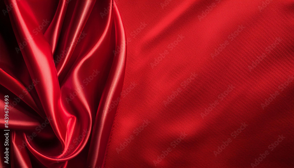 Poster red satin fabric. shiny material background. textile texture. draped silk. crimson cloth waves. empt
