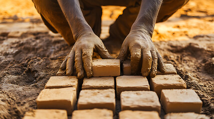 Hands Arranging Handmade Clay Bricks