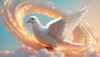 Obraz premium A pristine white dove descends gently through clouds, encircled by a shimmering, ethereal golden