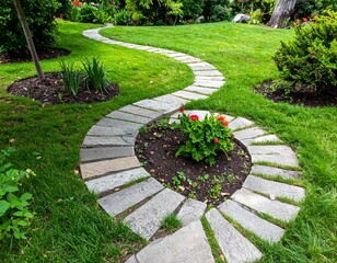Obraz premium Stone Spiral Path in a Lush Green Garden