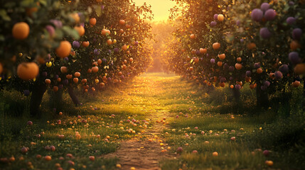 Sunlit Orchard Path: A Serene Autumn Landscape