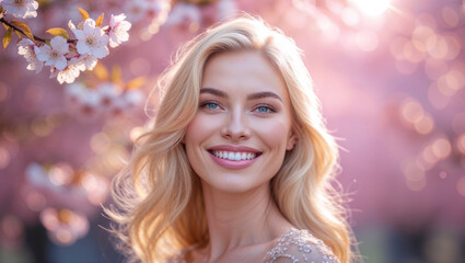 Naklejka premium Portrait of a happy woman with a radiant smile, surrounded by blooming cherry blossom trees.