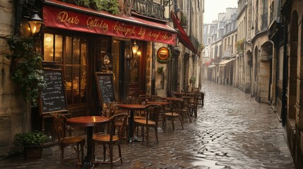 Charming Empty Street Cafe in Paris on a Rainy Day