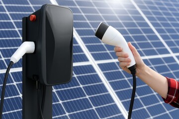 Charging up the future: A modern electric vehicle charger juxtaposed with a solar panel array, symbolizing the potential of green energy and sustainable transport.
