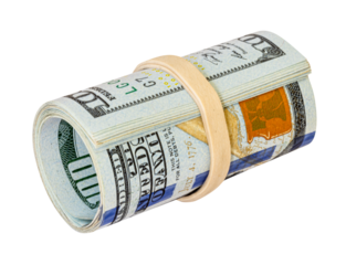 Financial money concept. Rolled USD dollar notes isolated on transparent