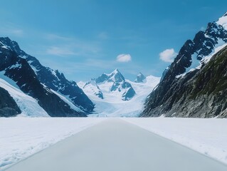 Naklejka premium Scenic Snow Covered Road Leading to Majestic Glacier Mountains A breathtaking view of a pristine winter landscape