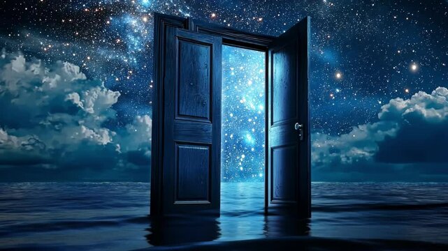 Mysterious open door floating above ocean leading to starry night sky. 4K video