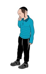 Ink illustration of a young Orthodox Jewish boy wearing a kippah, blue long-sleeve shirt, black pants with visible tzitzit, and sandals, standing thoughtfully with his hand near his mouth.