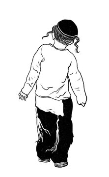 Illustration of a young Orthodox Jewish boy seen from behind, wearing a kippah and traditional clothes with visible tzitzit. His payot curls frame his head as he walks forward.