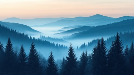Fototapeta premium Misty mountain range, silhouetted against a pale dawn.