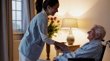 Caring nurse provides compassionate support to an elderly war veteran in a wheelchair, sharing a heartwarming moment of connection and respect within a comfortable home environment
