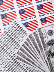 Words Tariffs Seamless print on paper with MADE IN USA Lable and Dollar Bill for trading export...