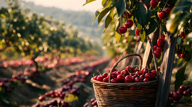 Sunlit Cherry Orchard: A Basket of Ripe Cherries Ready for Harvest