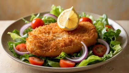 Crispy breaded cutlet sits atop a vibrant green salad adorned with cherry tomatoes, red onions, and